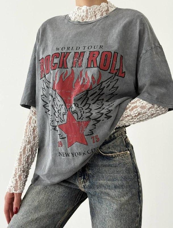 Dark Grey Washed (Acid Wash/Vintage Look) Oversize Rock & Roll T-shirt