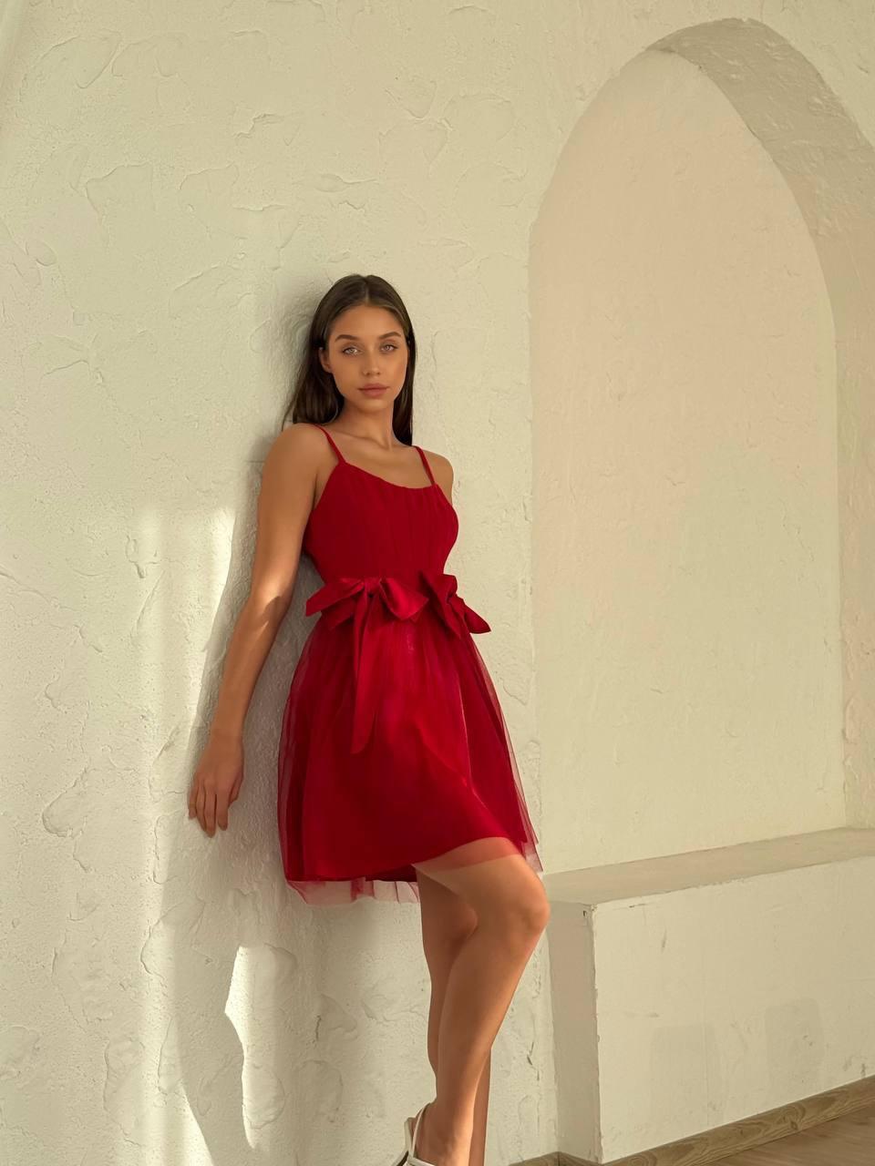 Red Mini Dress with Lace Detail and Bow at the Waist