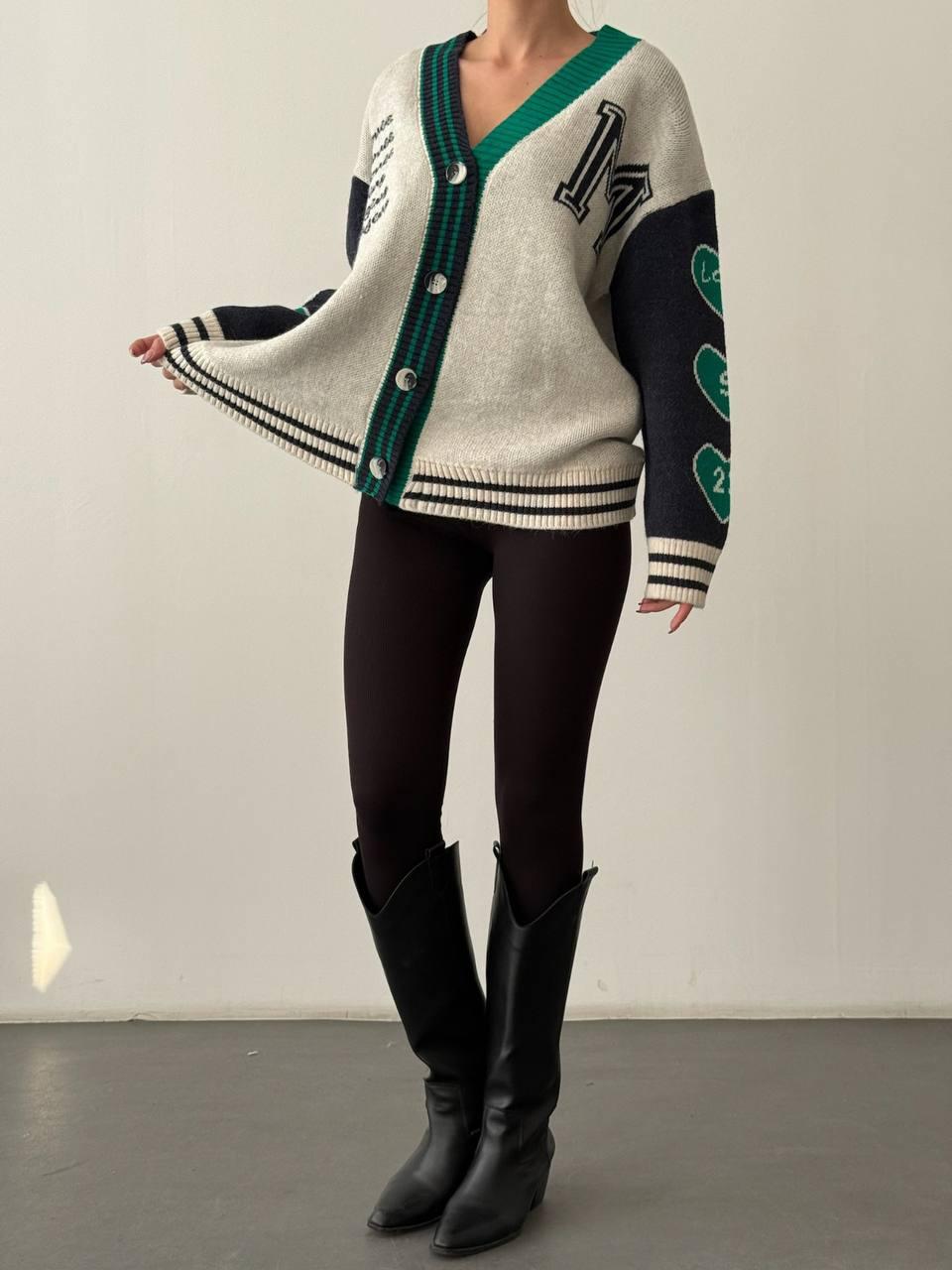 Oversize Letterman Style Embroidered Knit Cardigan