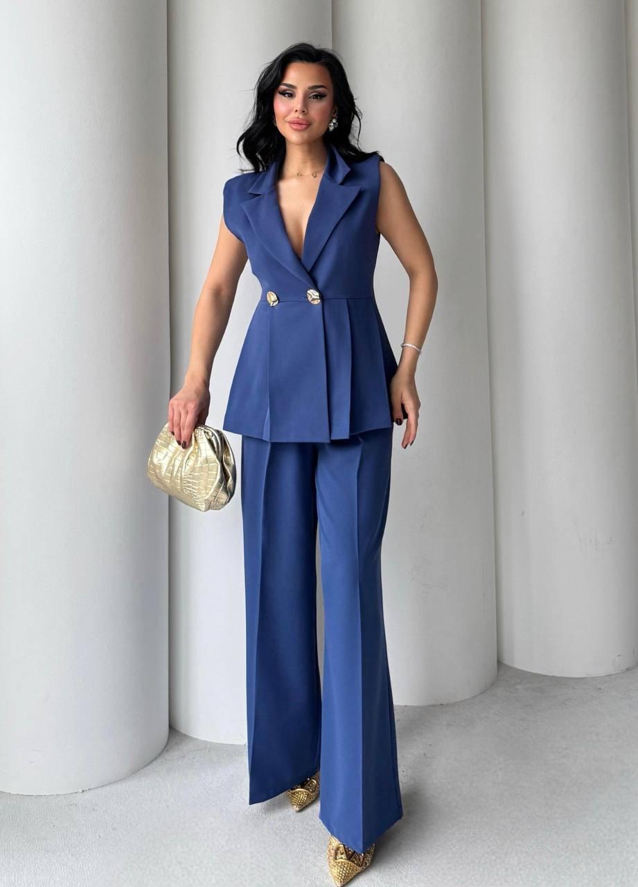 Suit with sleeveless vest and palazzo pants