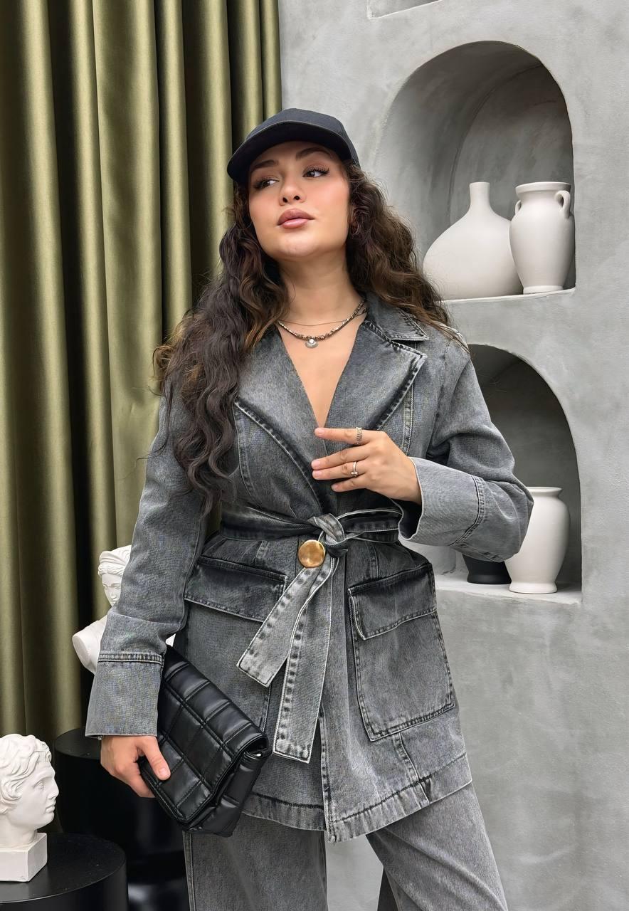 Taş Yıkama Kemerli Denim Takım