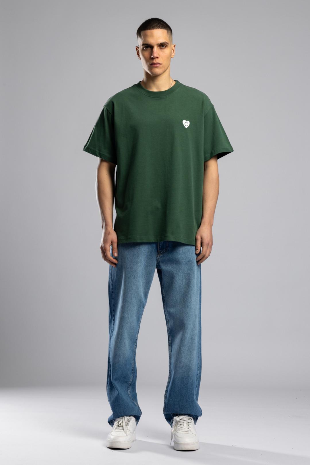 Оверсайз футболка з мінімалістичною вишивкою серця – лісовий зелений