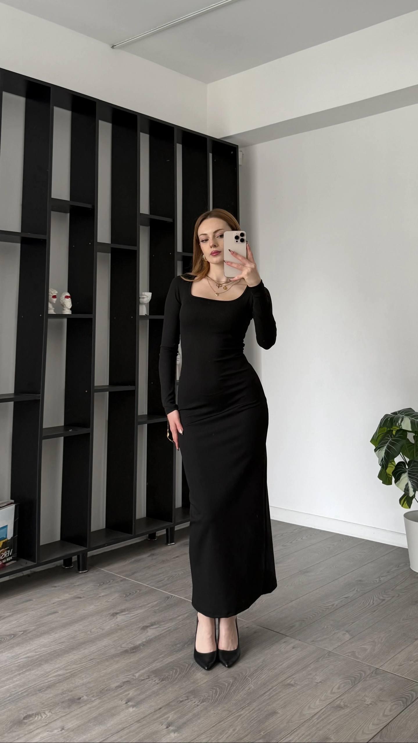 Kare Yaka Uzun Kollu Fitilli Midi Elbise