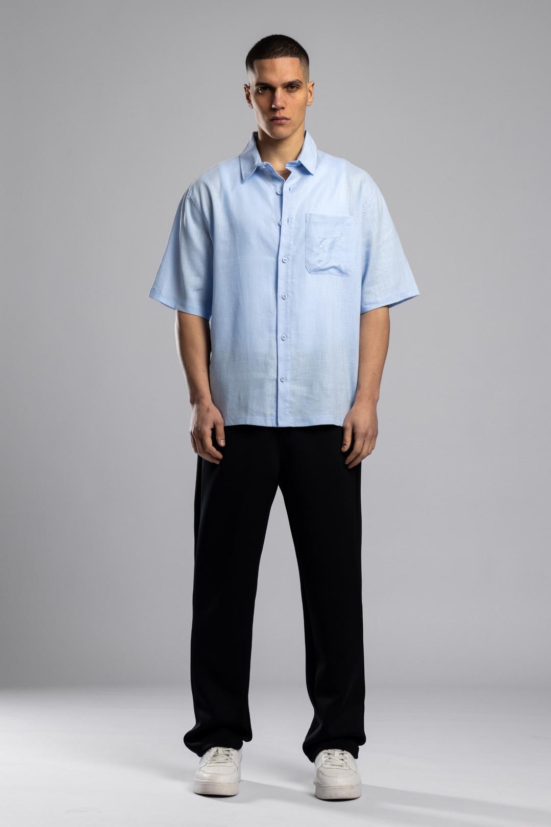 Сорочка вільного крою з коротким рукавом та сумішшю льону - Крижано-блакитний