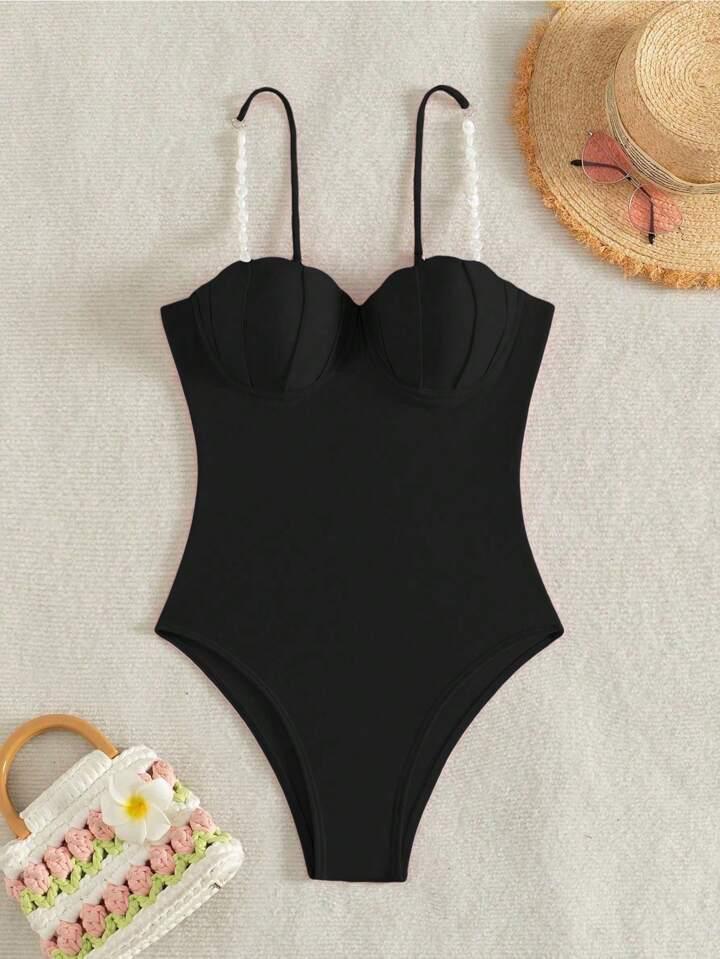 Black Color One Piece Swimsuit with Oyster Shell Detailed Bustier Cut and Pearl Straps