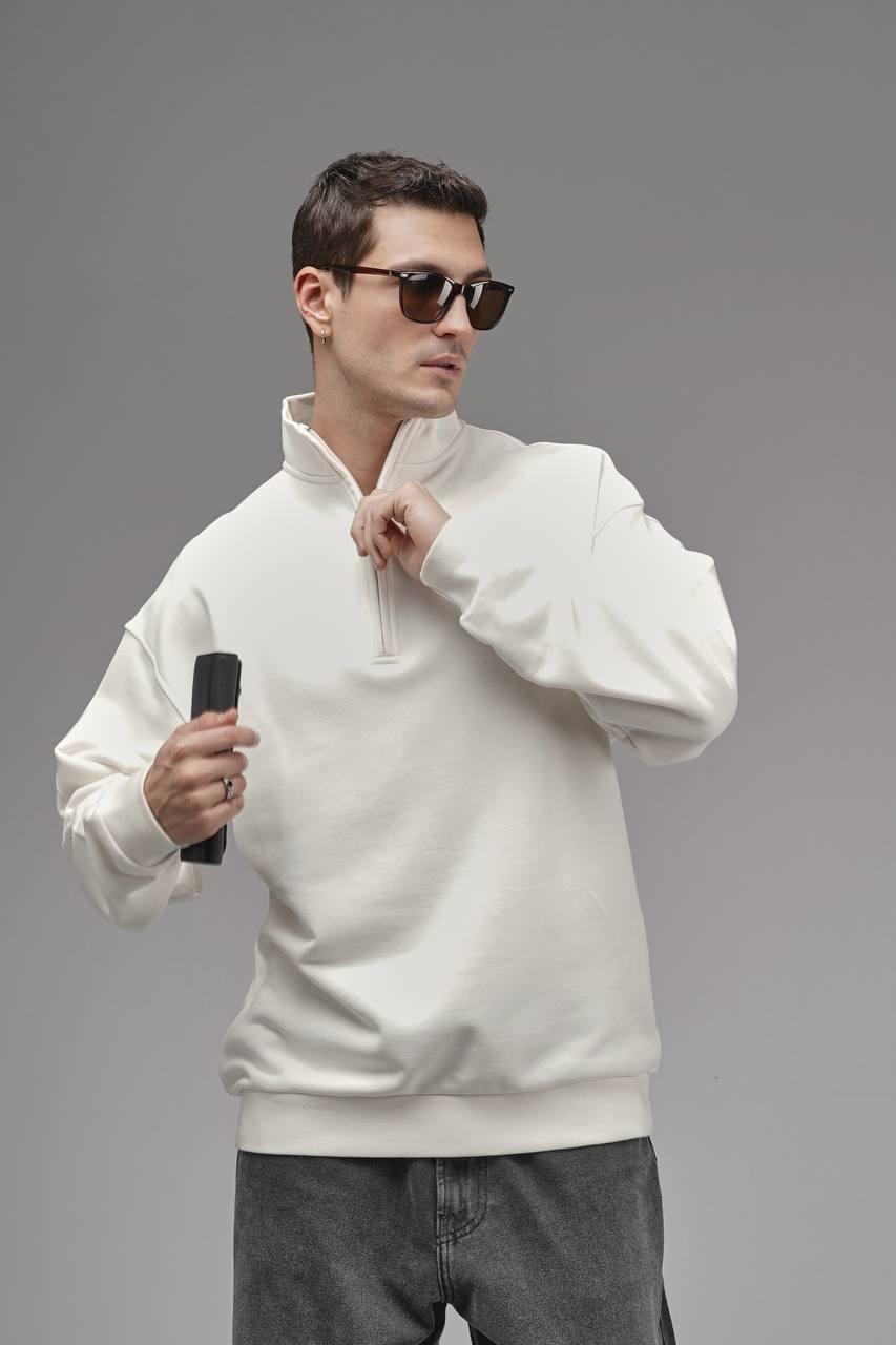 Extra White/Ecru Mock Neck Half-Zip Oversize Men's Sweatshirt