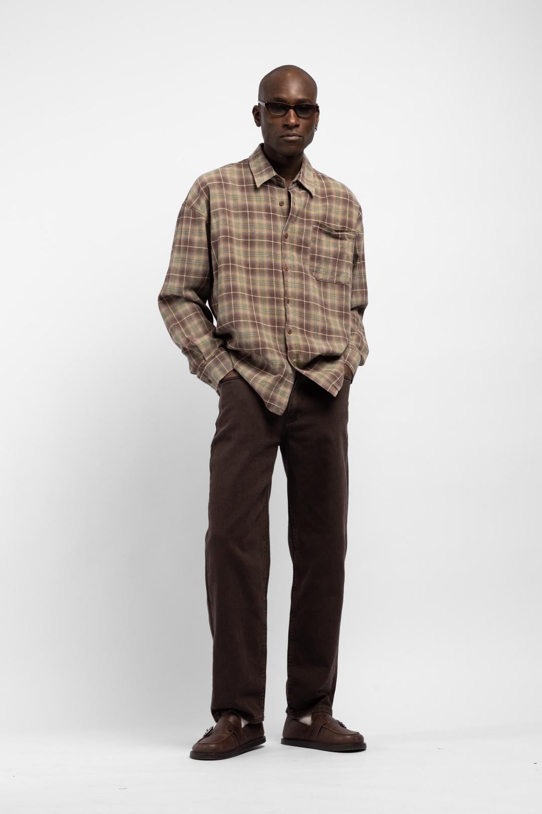 Kahverengi Ekoseli Oversize Flanel Gömlek