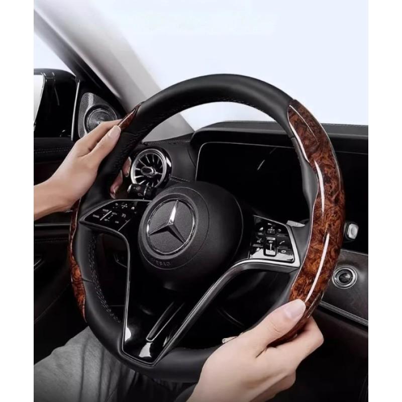 Wood Look Leather Steering Wheel Cover Non-Slip Steering Wheel Protector 2 Pieces