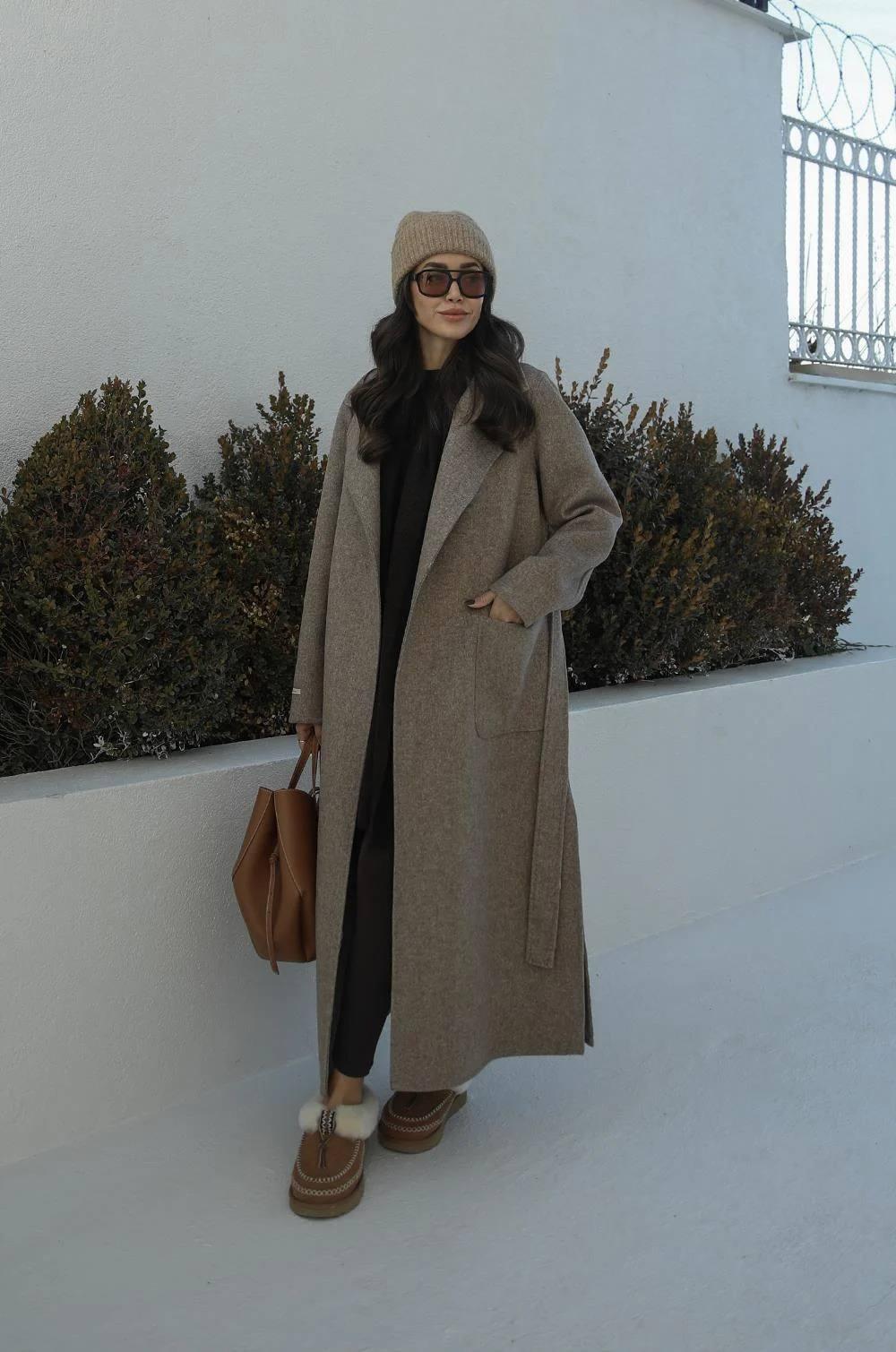 Длинный вязаный зимний кардиган с воротником-шарфом и карманами (100% альпака, шерсть) (Оригинальная ручная работа)