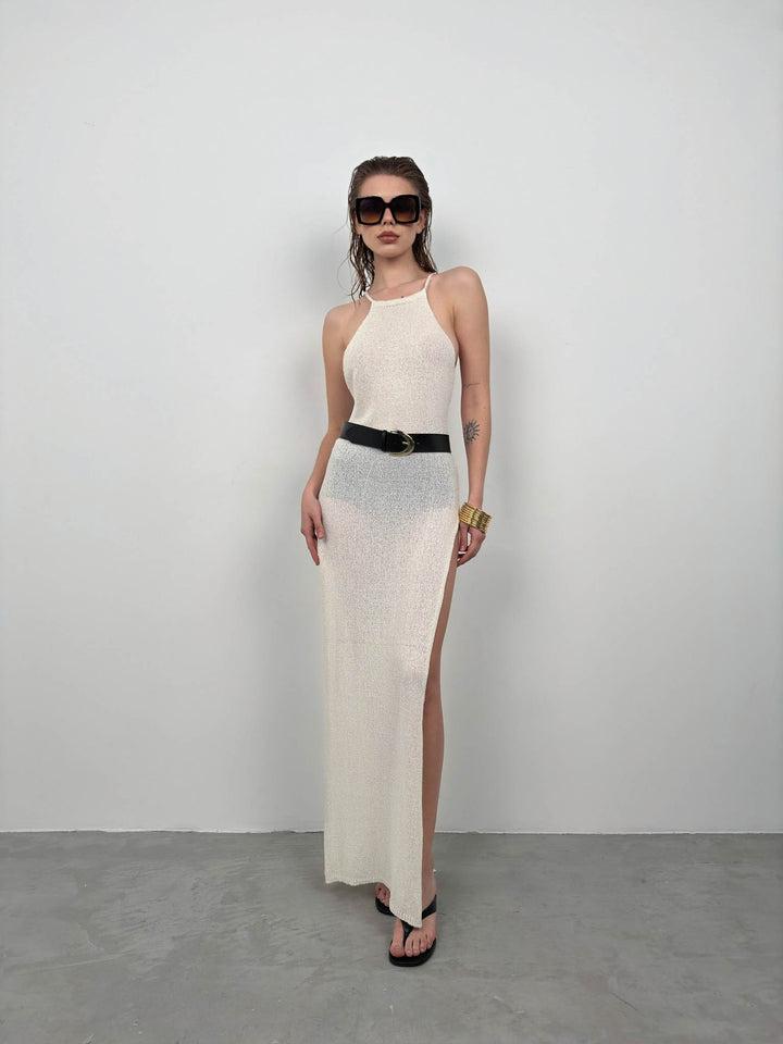 Textured Ecru Maxi Pareo with Double Slit