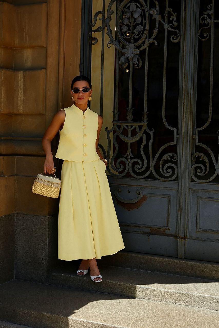 Pastel Yellow Mandarin Collar Vest and Flared Midi Skirt Set