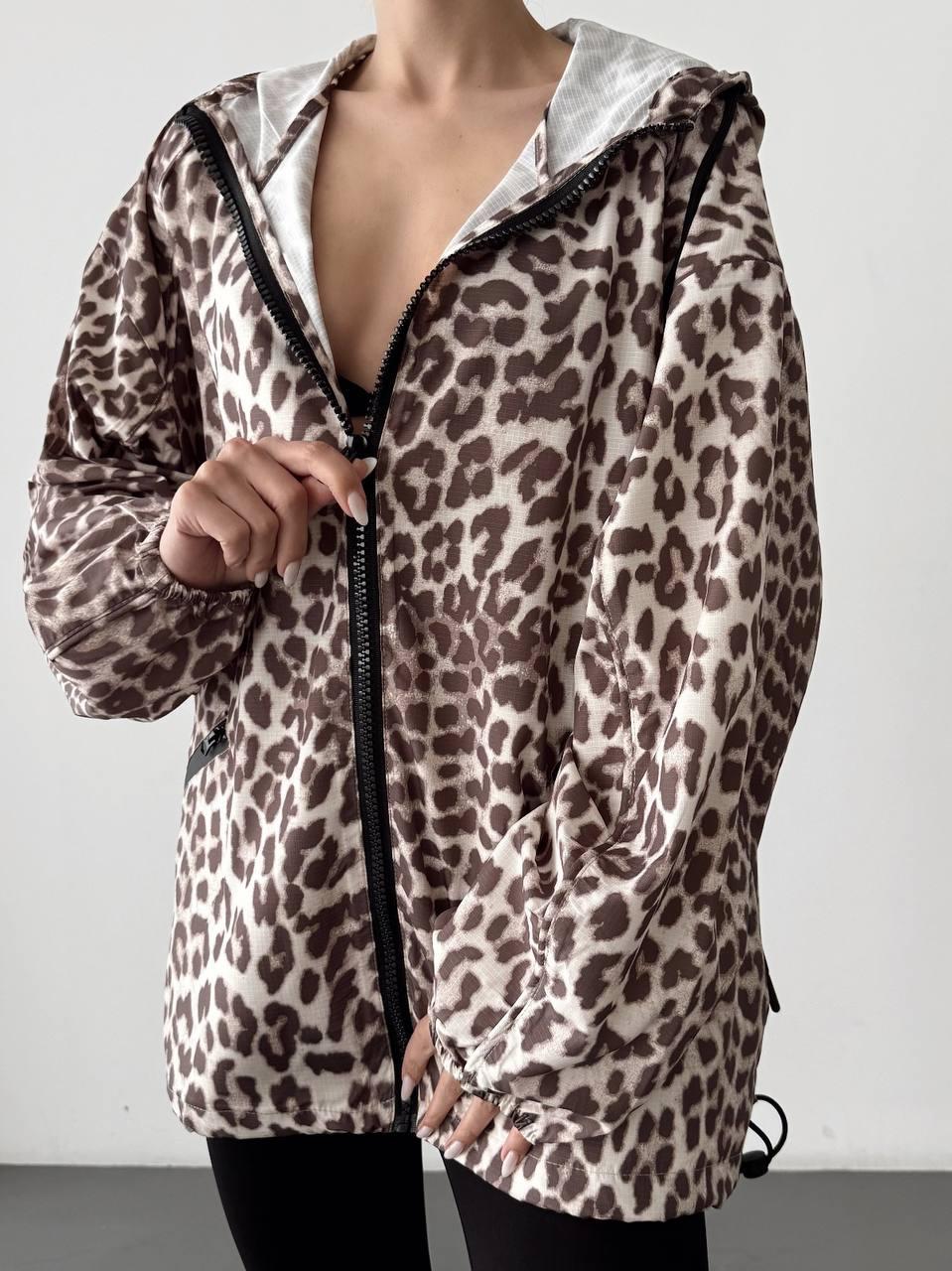 Oversize Leopar Desenli Kapüşonlu Rüzgarlık/Yağmurluk