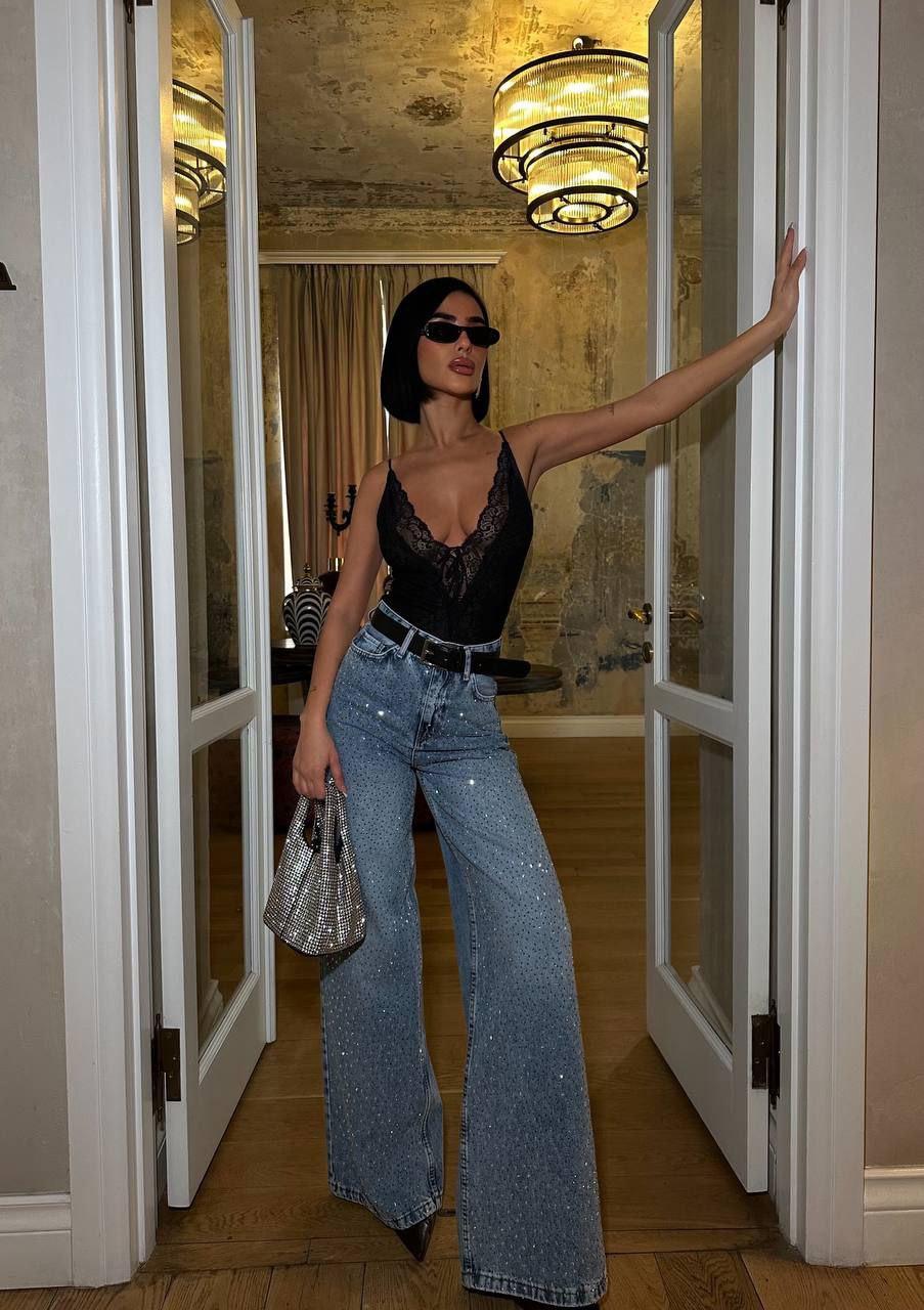 Stone Embellished Wide Leg Jeans