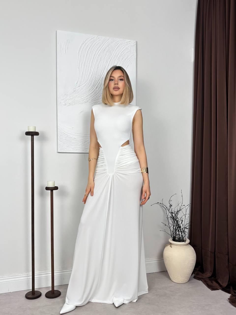 White Maxi Evening Dress with Waist Cut-Out and Ruched Detail