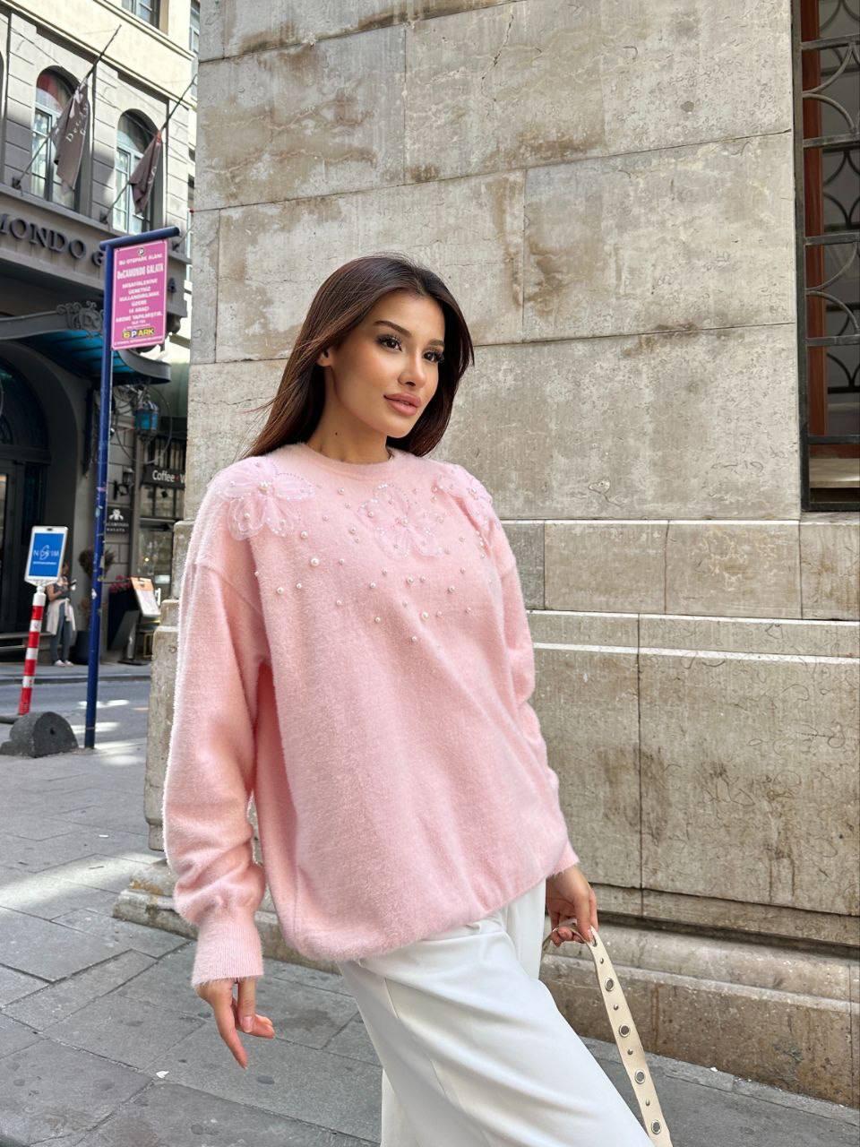 pink sweater with pearl and flower embroidery