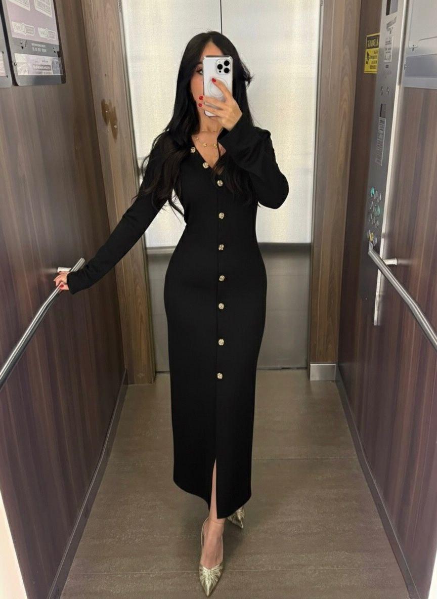 Black Gold Button Knit Maxi Dress