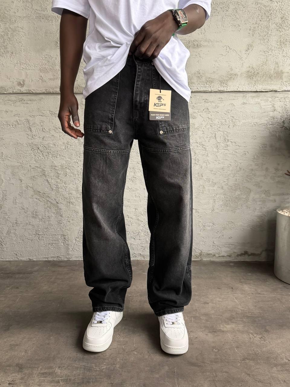 Siyah/Antrasit Panelli Bol Kesim Workwear Jean Pantolon