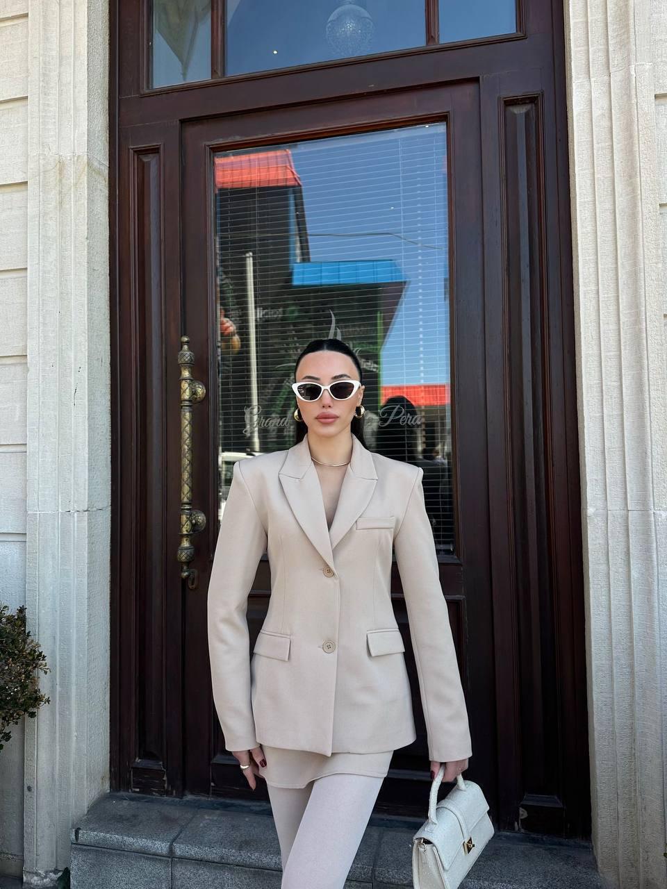 Beige Single-Button Blazer and Trousers Set