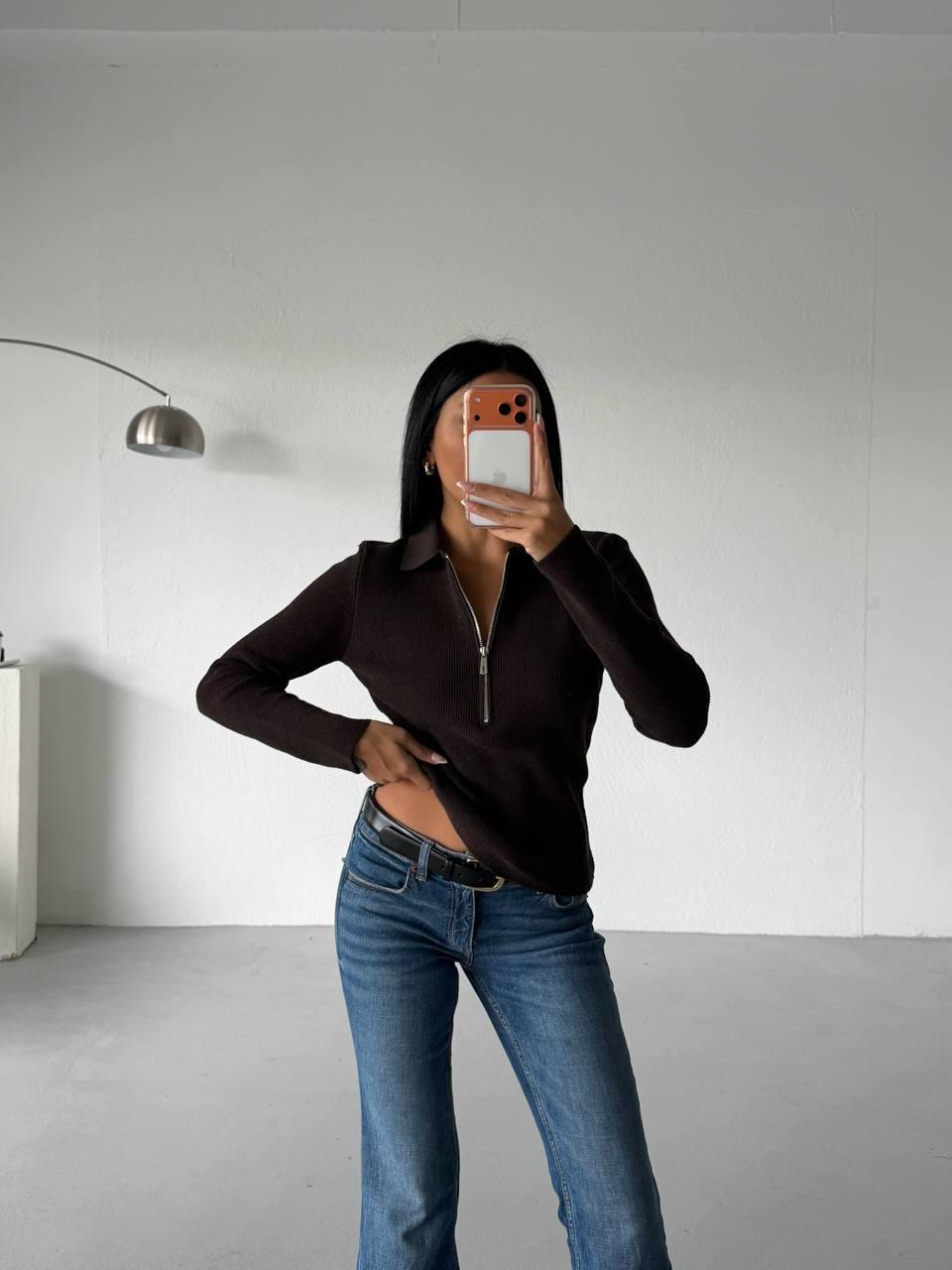 Ribbed Polo Neck Blouse with Zipper Detail