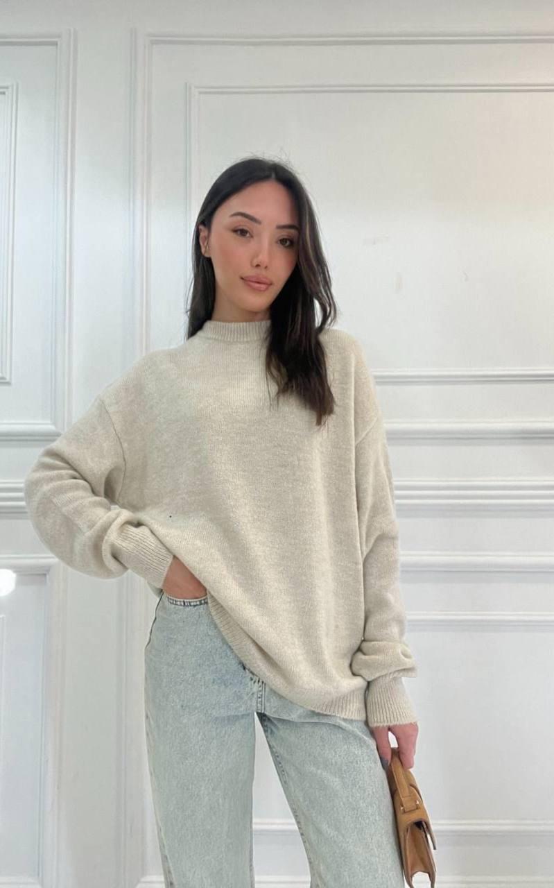 Ekru Melanj Basic Balıkçı Yaka Oversize Kazak