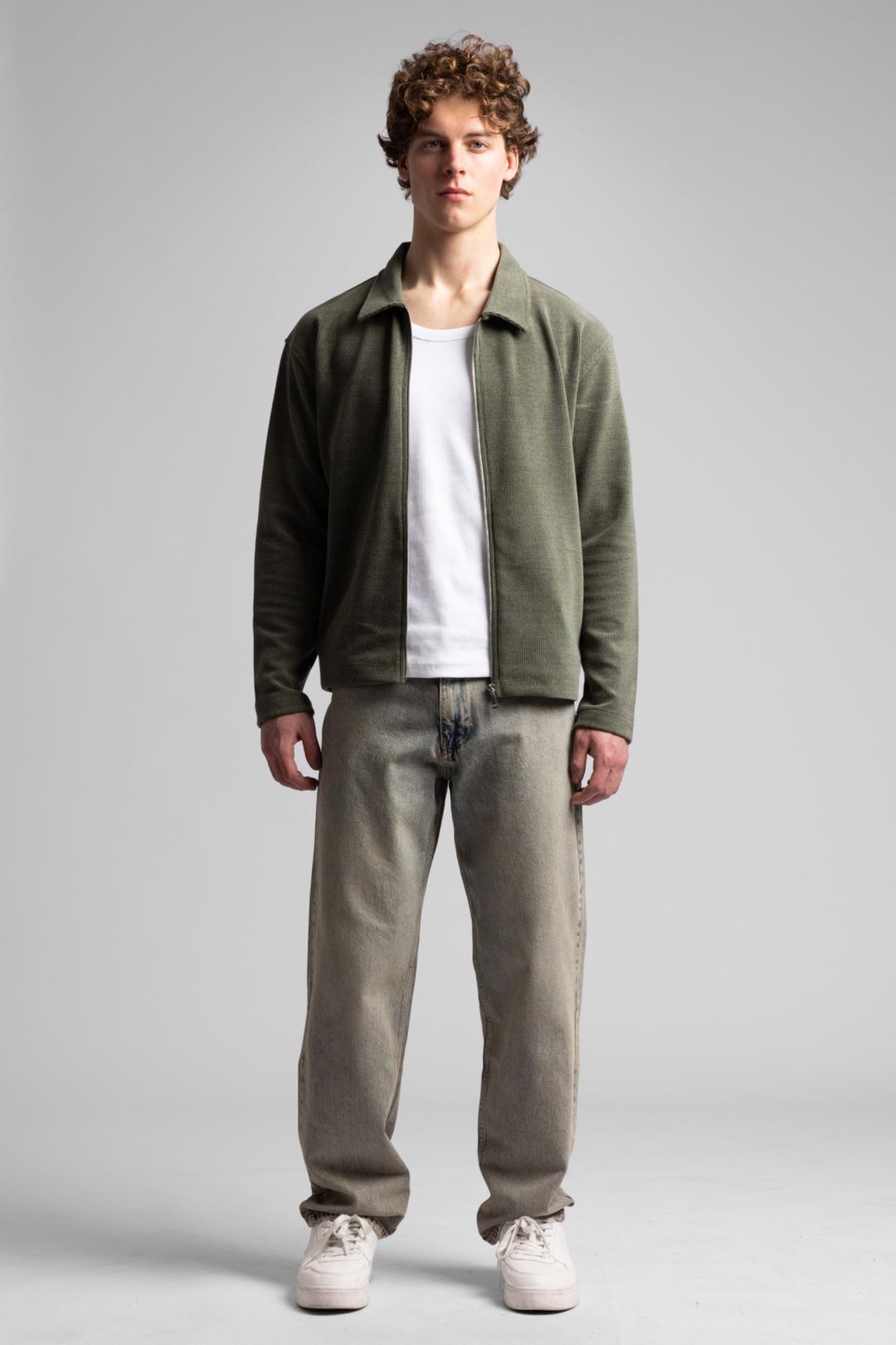 Zippered Textured Harrington Jacket – Khaki