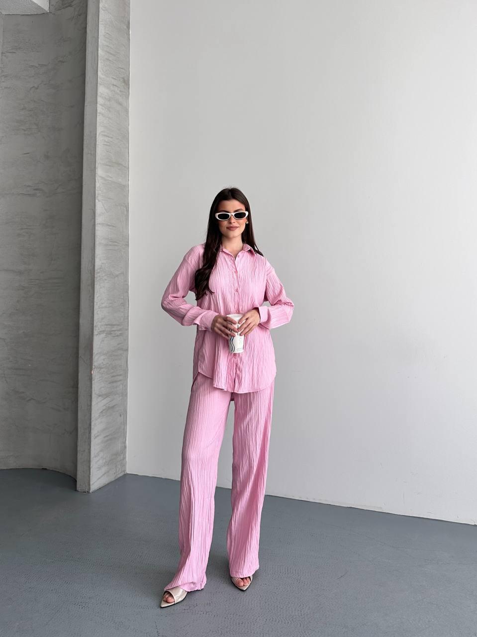 Crinkled Textured Oversize Shirt & Pants Set - Candy Pink