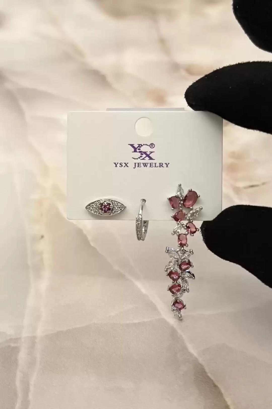 YSX Jewelry Gümüş Rengi Taşlı Küpe Seti