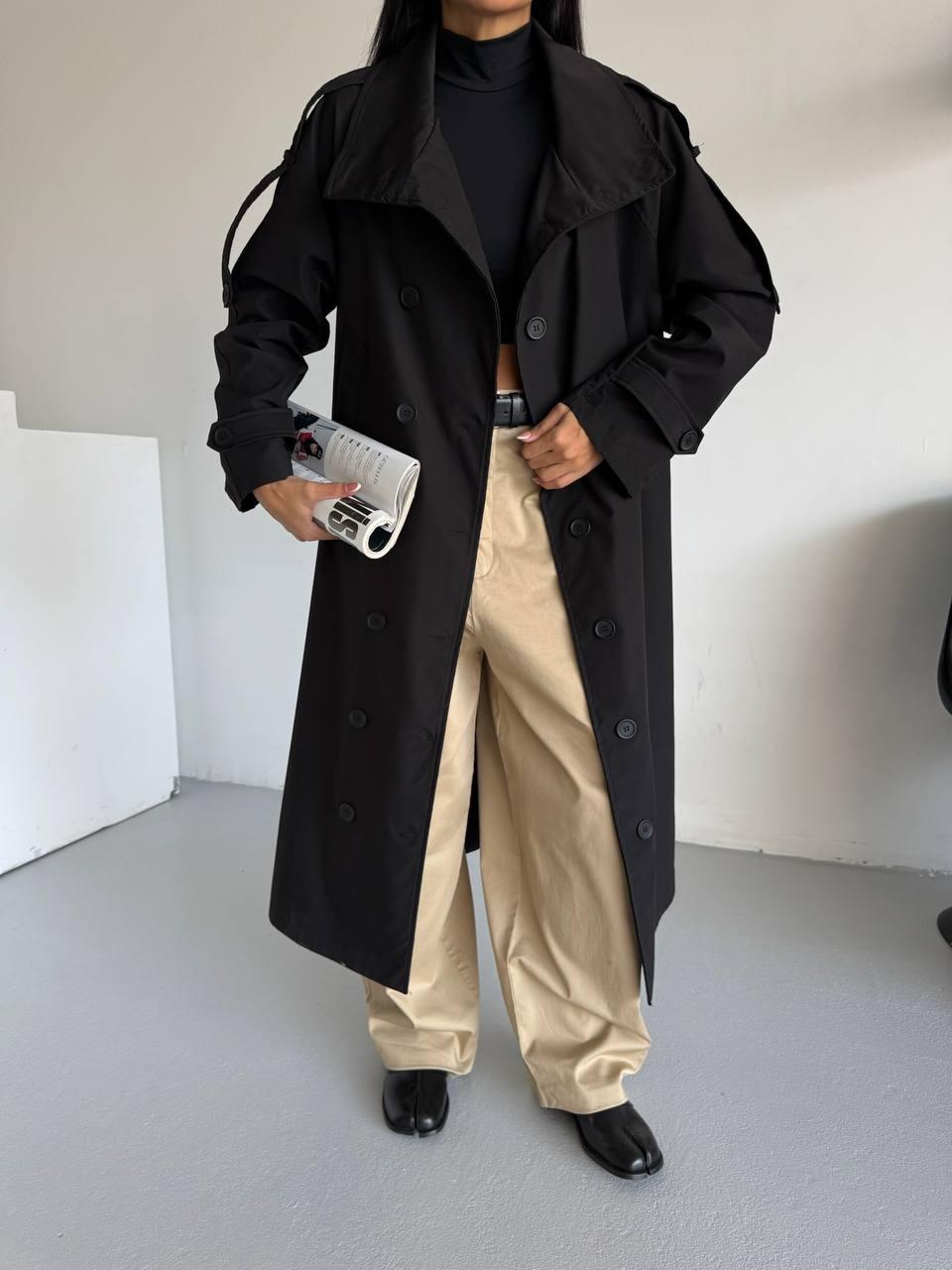 Black High Collar Double-Breasted Trench Coat