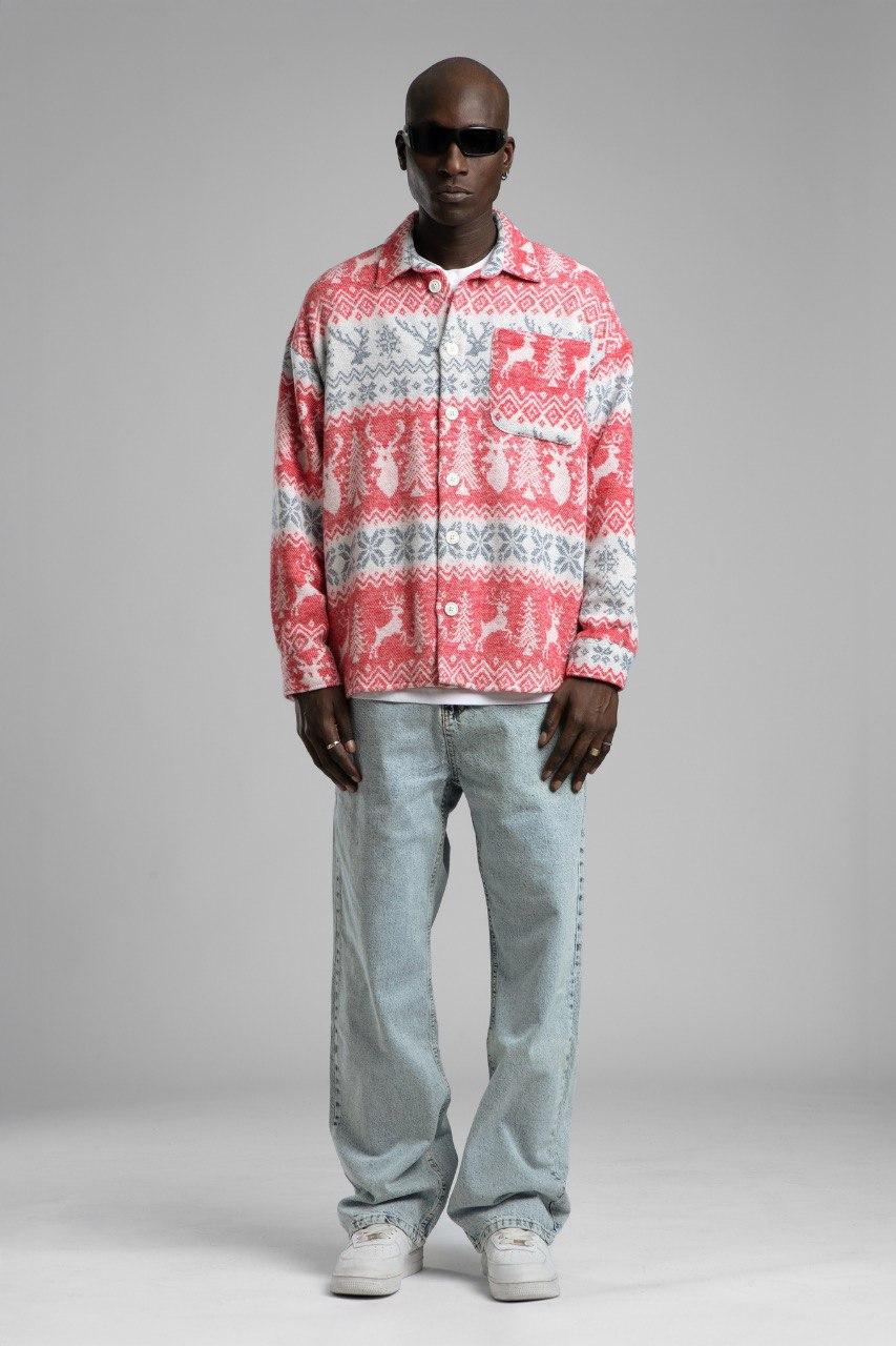 Oversize Geyik Desenli Polar Gömlek Ceket - Kırmızı/Beyaz