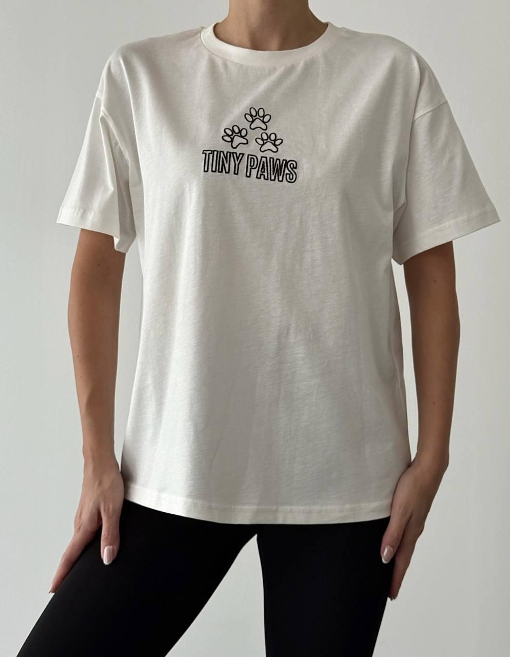 "Tiny Paws" Text and Paw Print Ecru/White Oversize T-Shirt