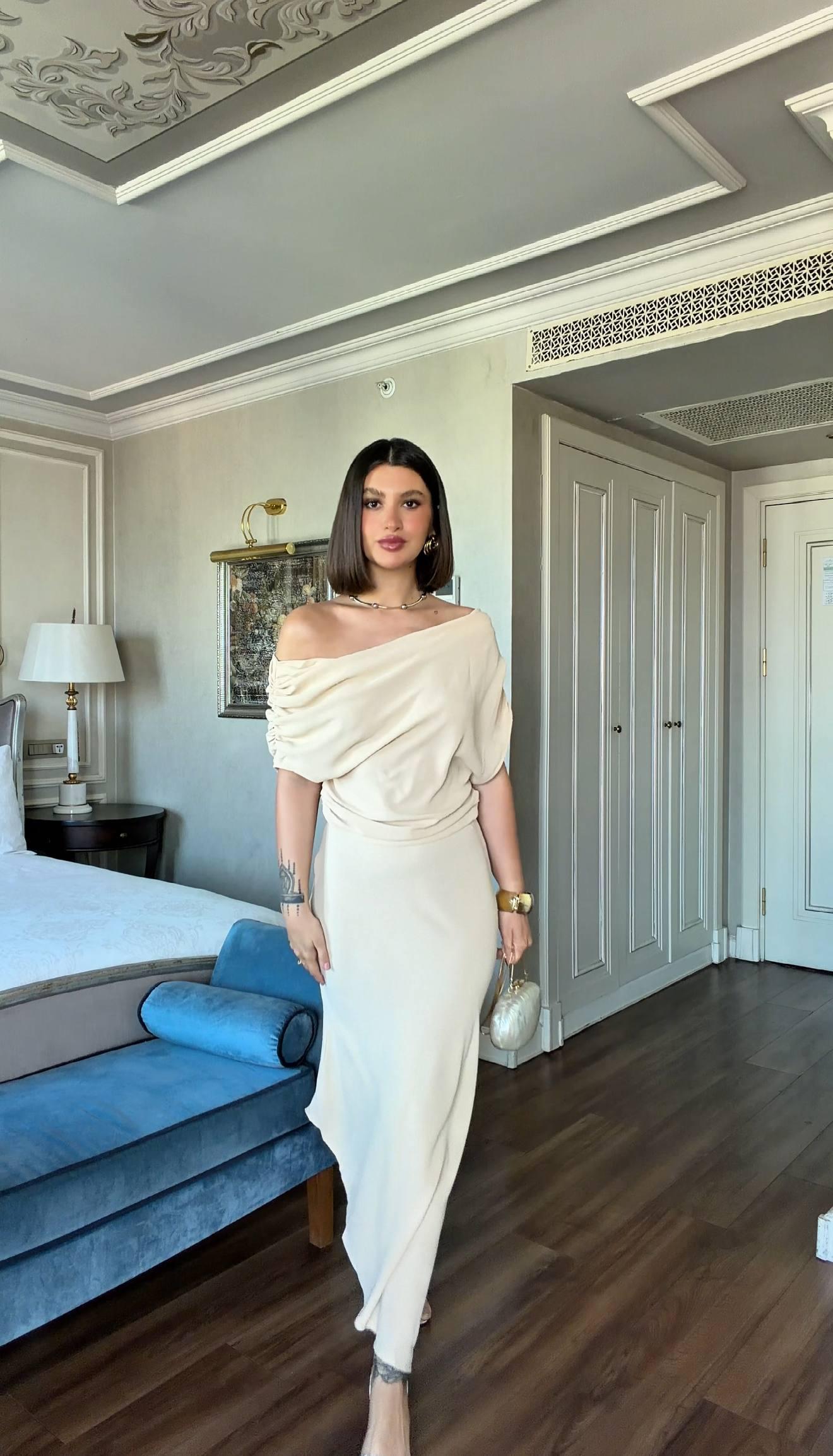 One Shoulder Draped Cream Maxi Satin Dress