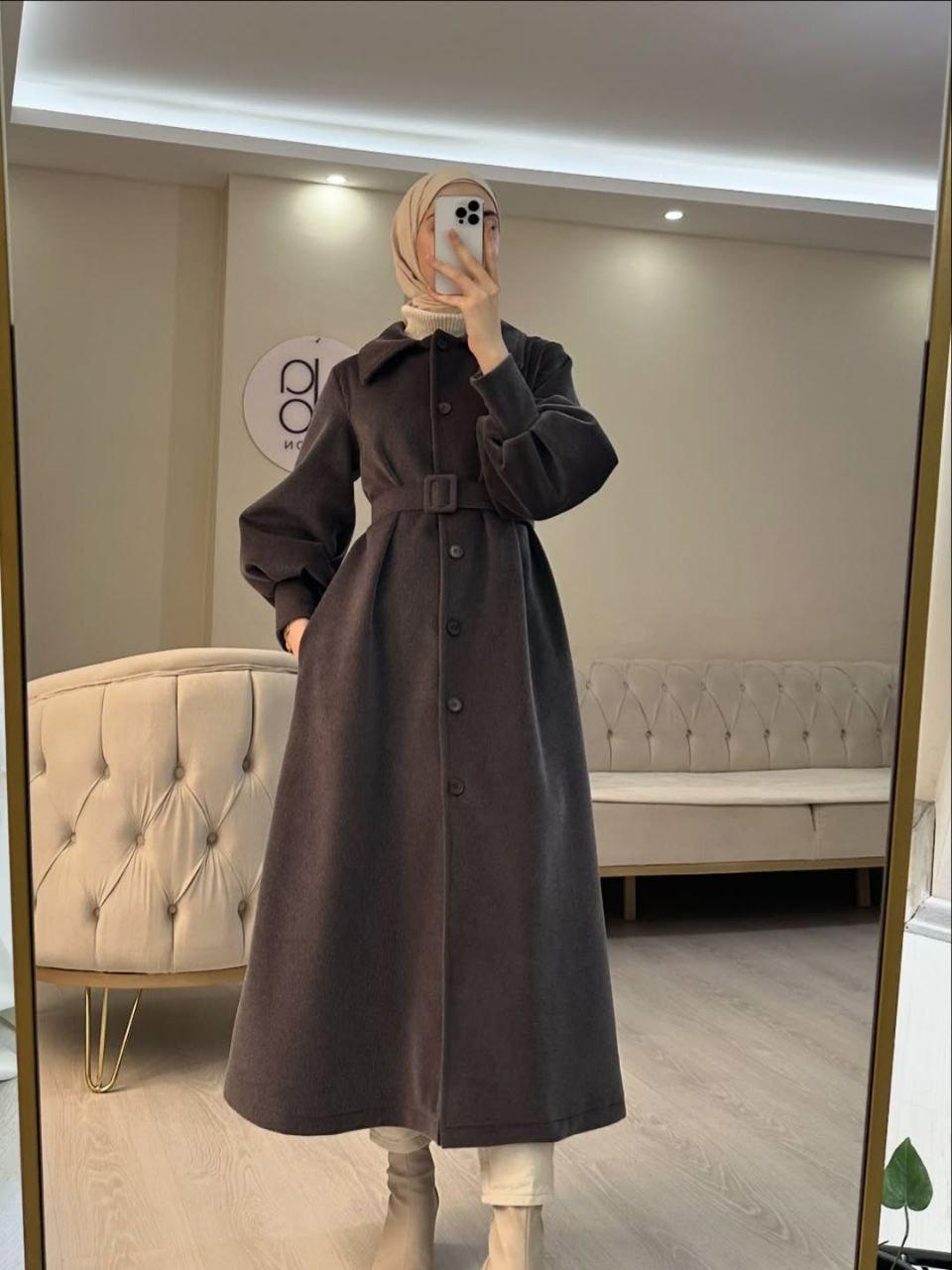 Kuşaklı Yakalı Kaşe Kaban