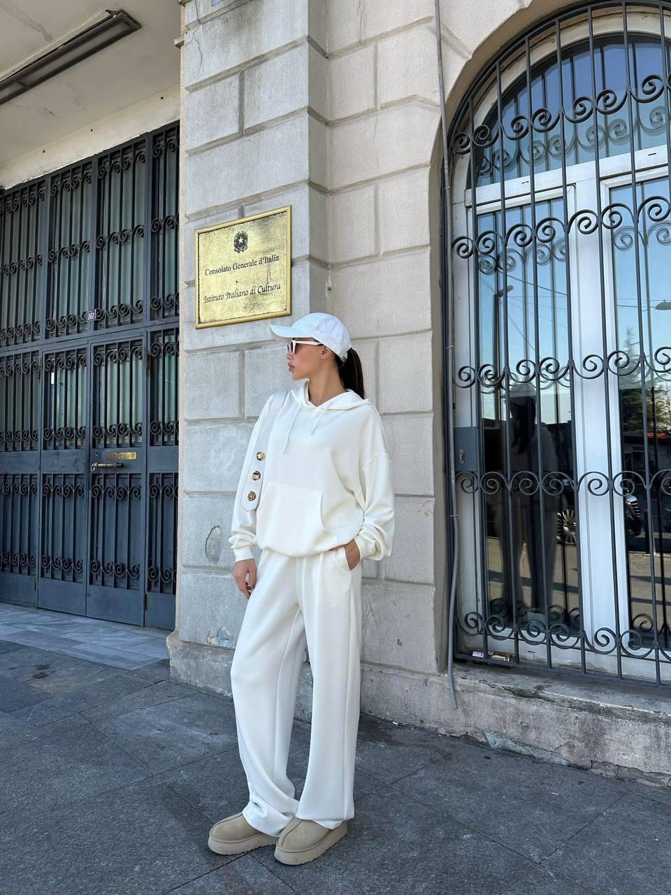 Oversize Hoodie Sweatshirt and Wide-Leg Sweatpants Set - Ecru