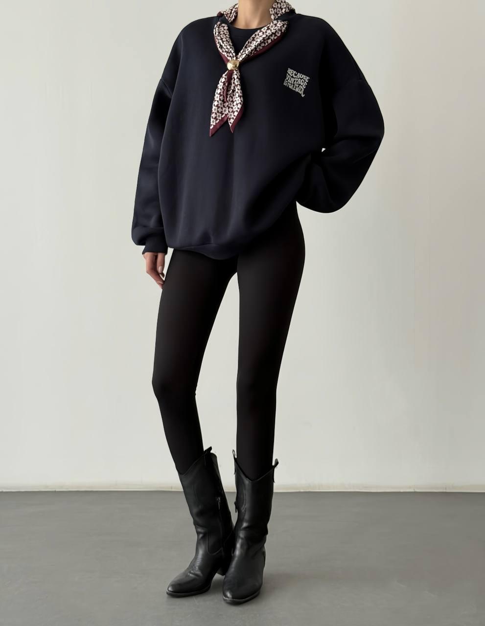 Navy Blue/Black Embroidered Oversize Sweatshirt and Silk-Look Scarf