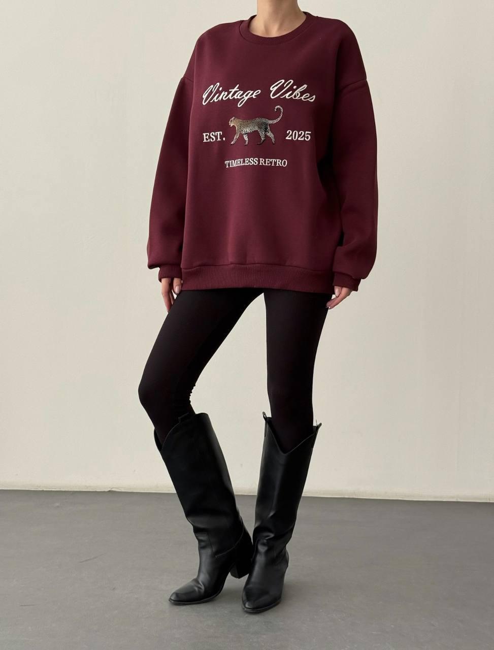 Burgundy/Maroon Printed/Leopard Pattern Oversize Sweatshirt