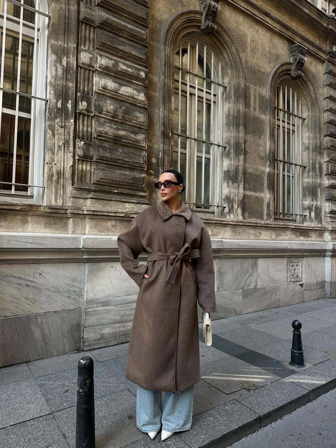 Длинное пальто с поясом из смеси кашемира и шерсти