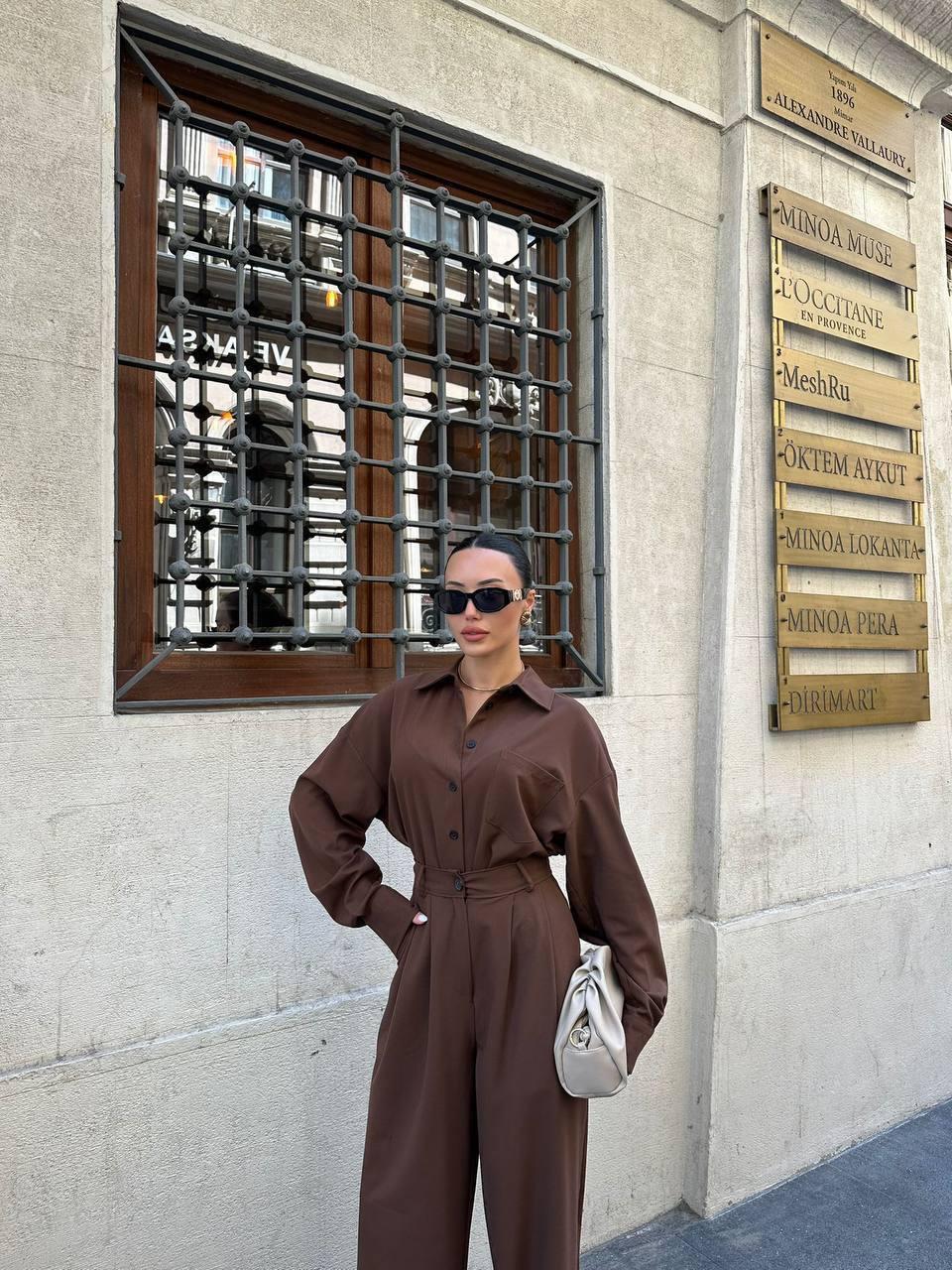 Geniş Paçalı Oversize Kahverengi Tulum (Jumpsuit)
