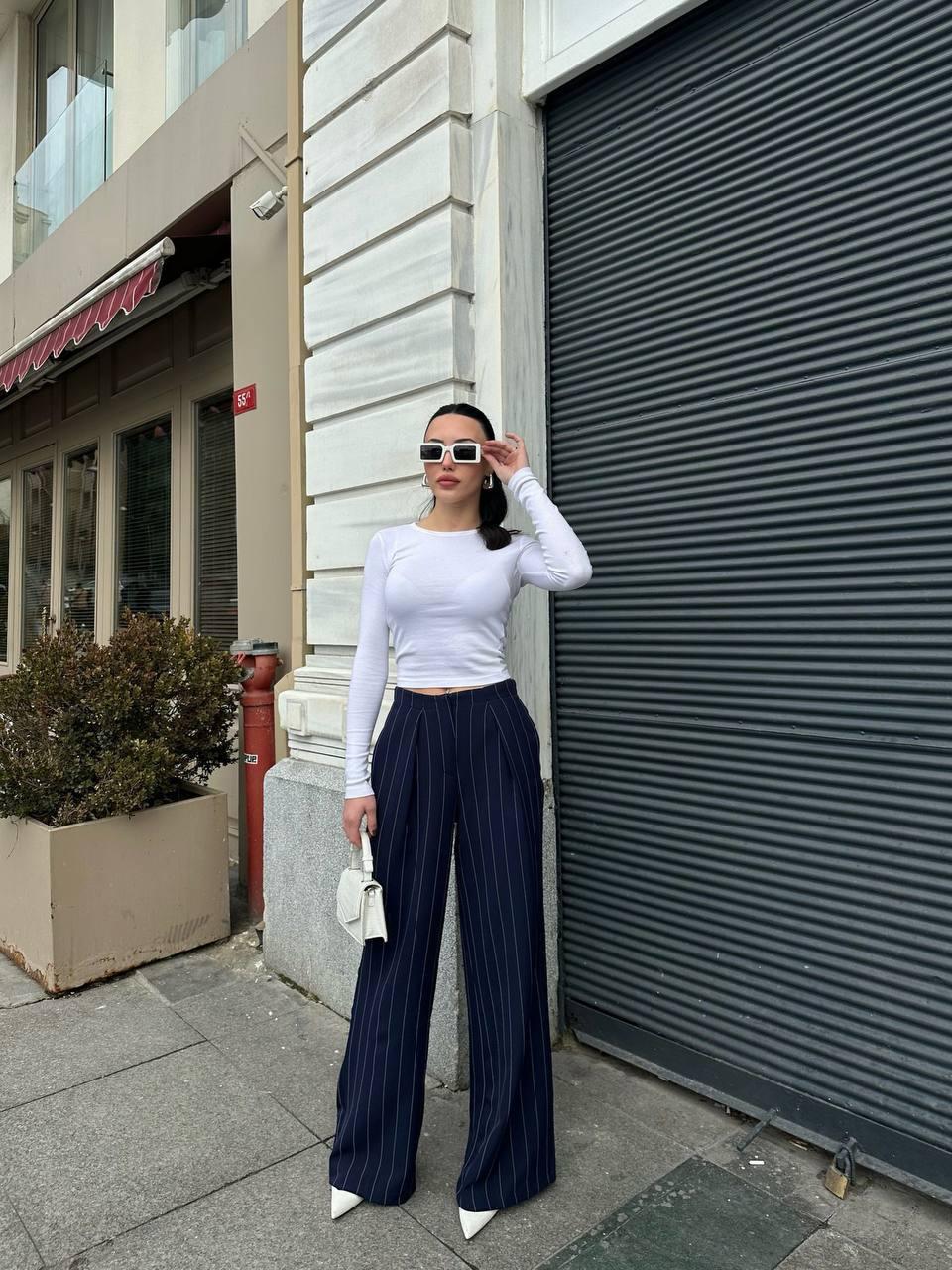 Lacivert İnce Çizgili Palazzo Pantolon