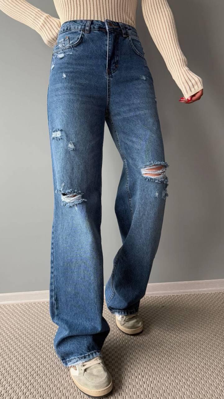 High-Waisted, Ripped Detail, Wide-Leg Jeans