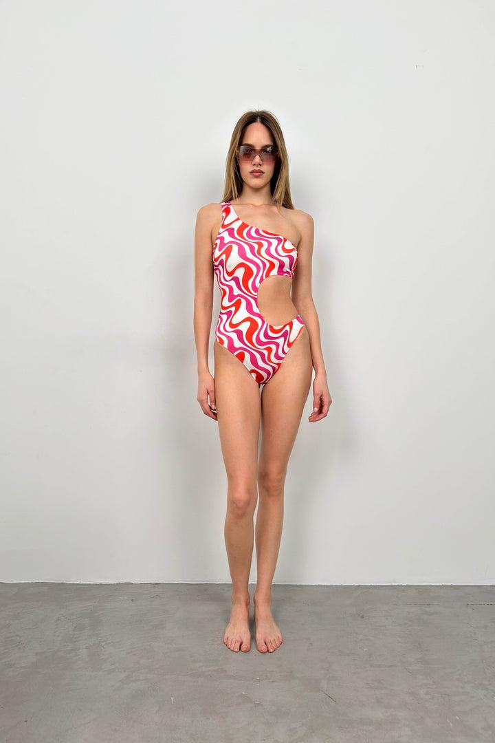 One Shoulder Patterned Pink Swimsuit