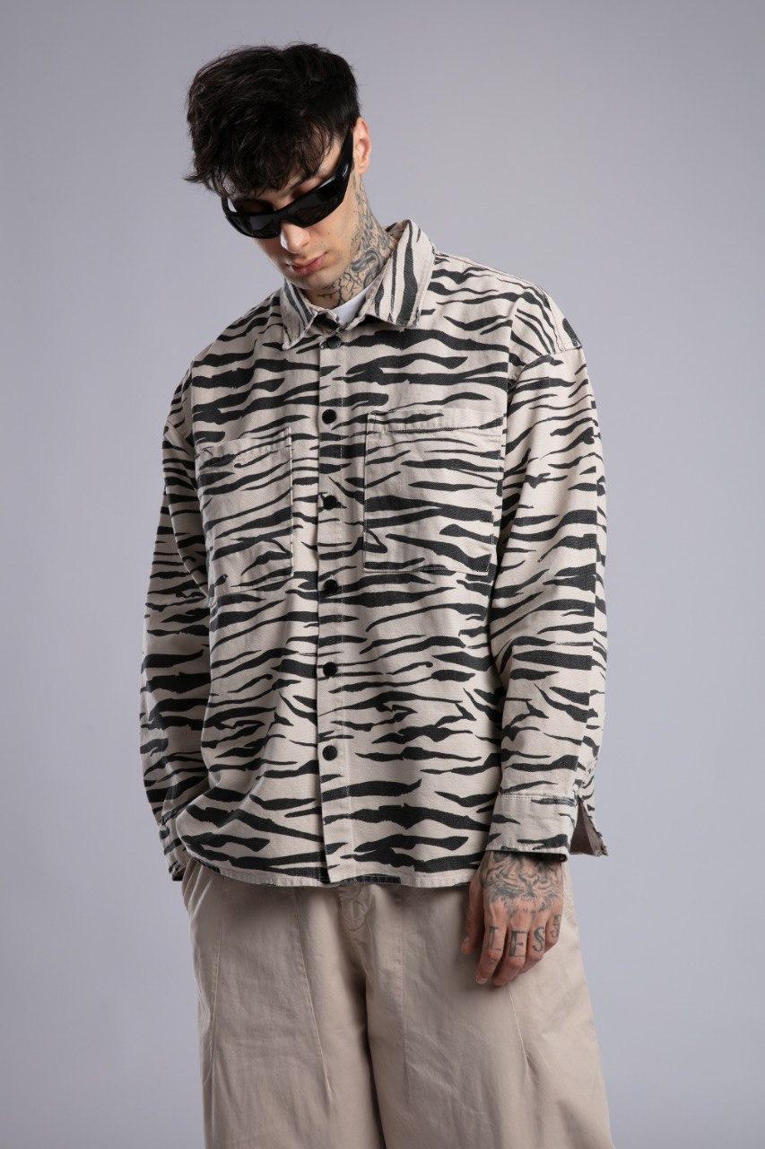 Bej/Ekru Zebra Desenli Oversize Ceket Gömlek (Shacket)