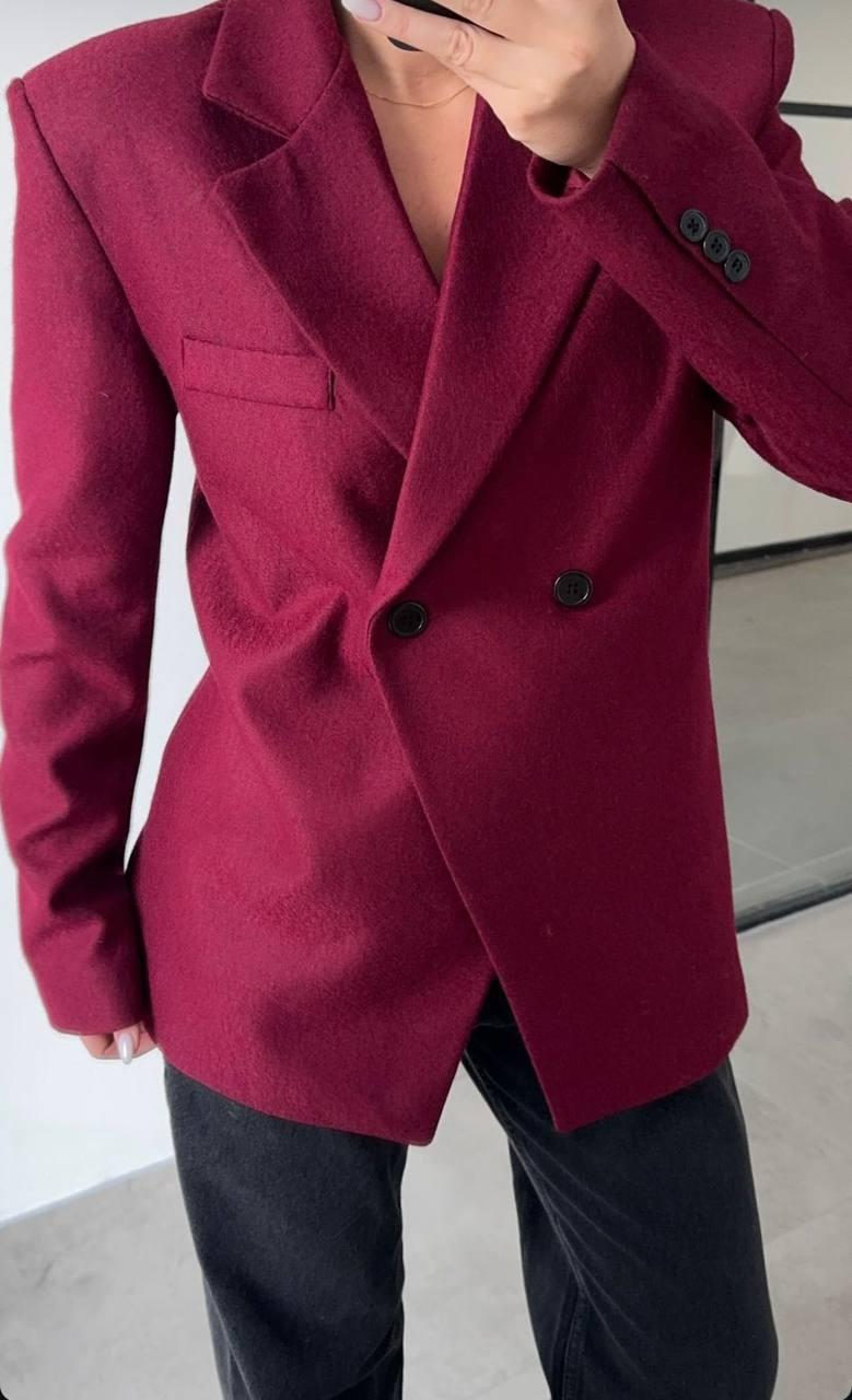 Burgundy double-breasted jacket.