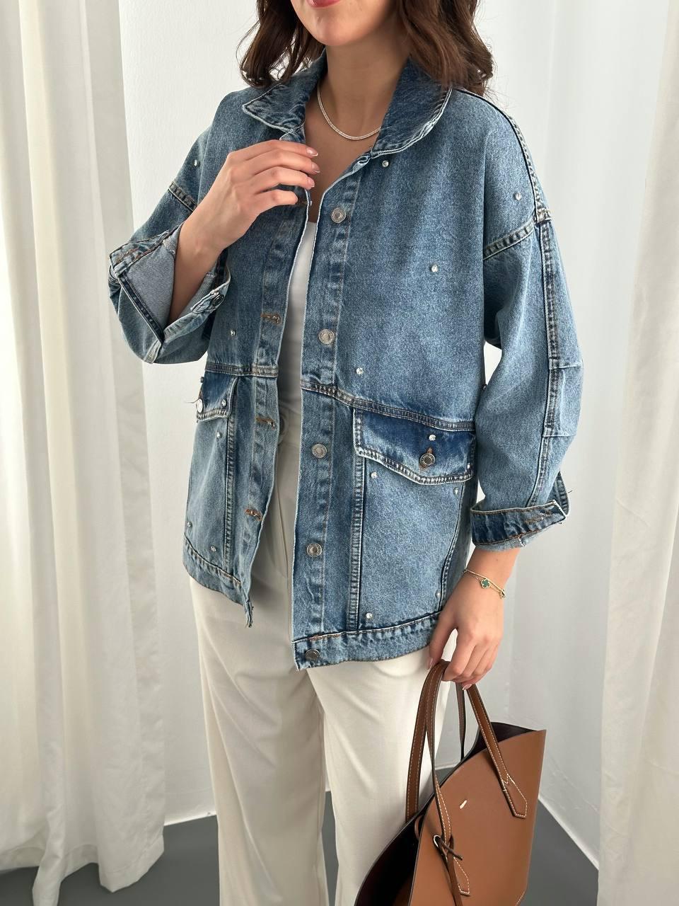Kadın Taş Detaylı Oversize Mavi Denim Ceket