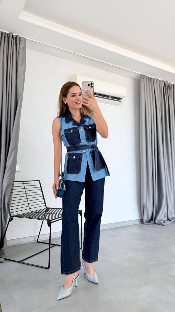Denim Vest with Colored Pockets