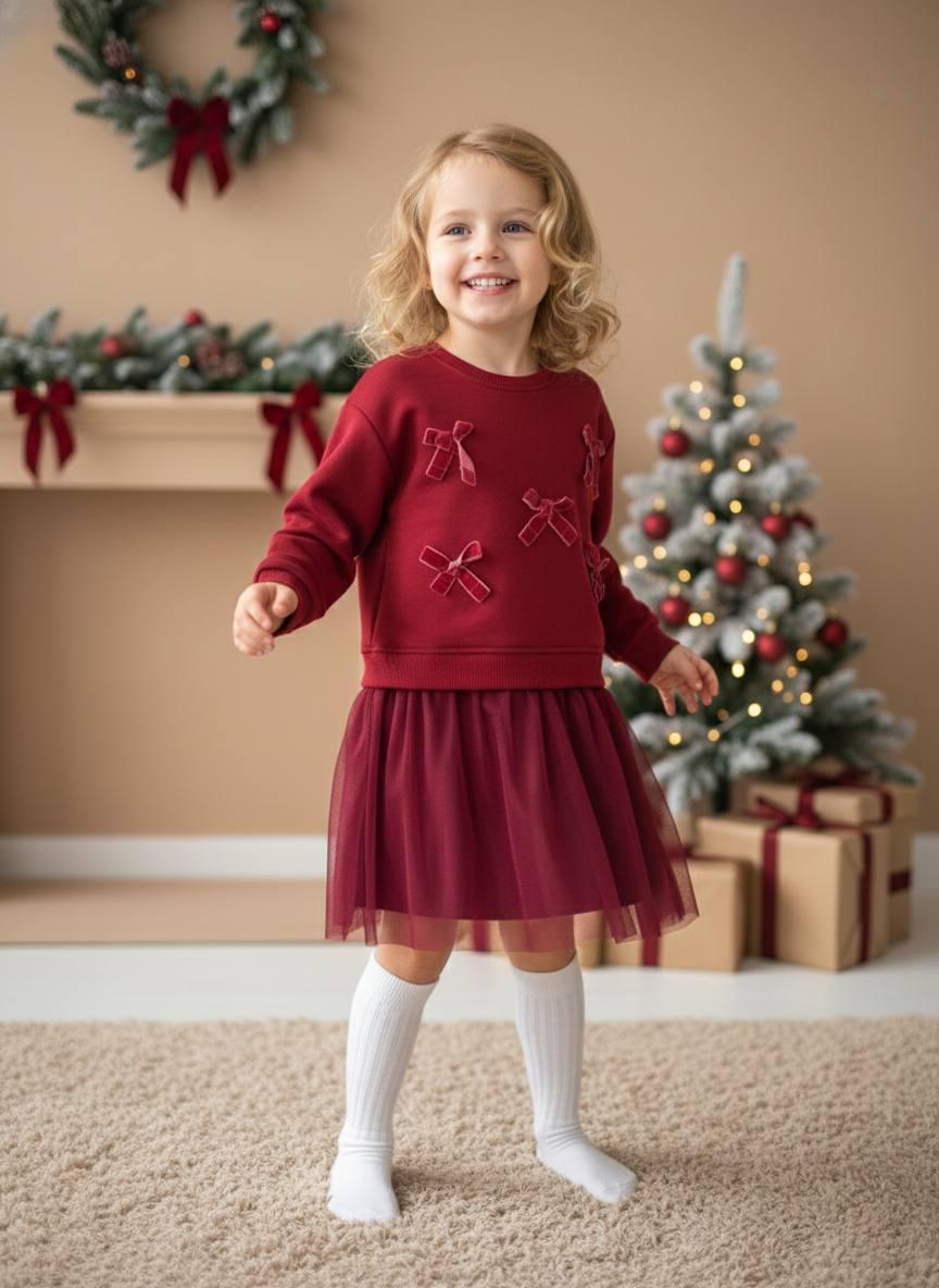 🎀 Burgundy Velvet Bow Tulle Dress
