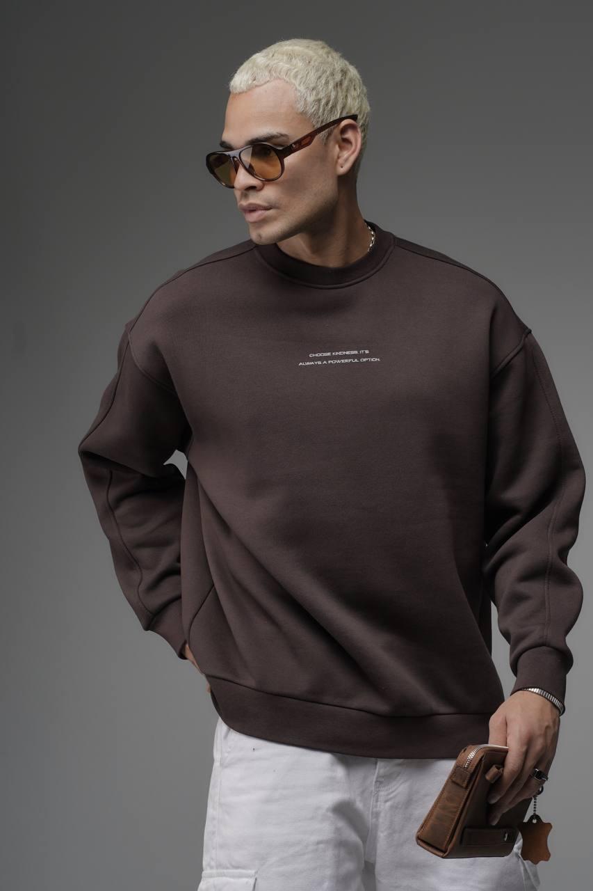 Kahverengi Minimal Baskılı Oversize Sweatshirt
