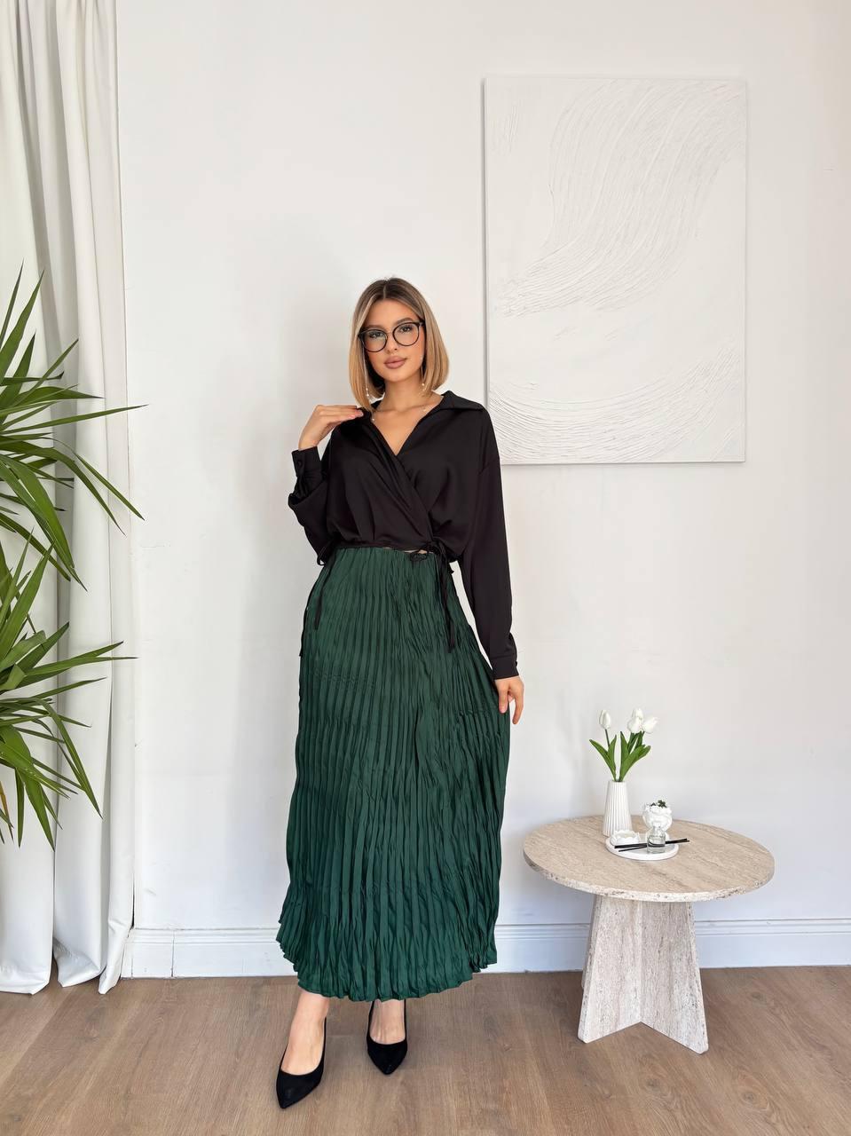 Emerald Green Crinkle Pleated Maxi Skirt