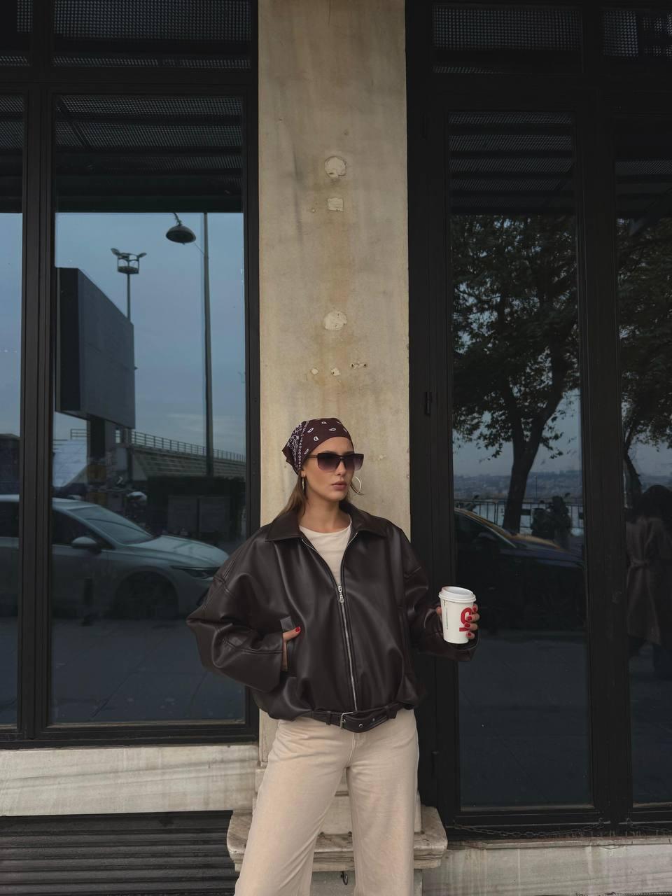 Оверсайз коричневая куртка из искусственной кожи на молнии (воротник-рубашка/бомбер)