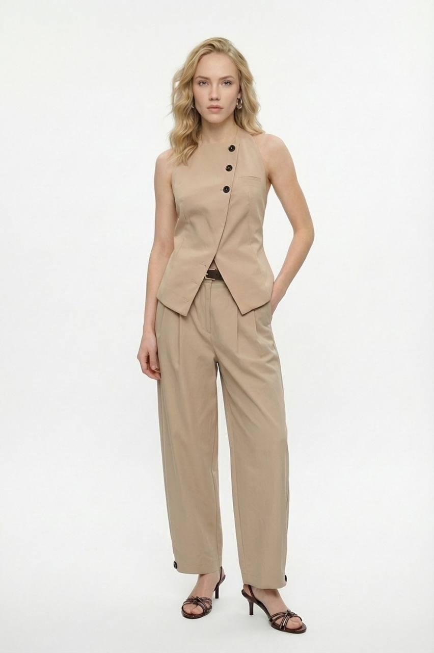 Asimetrik Düğmeli Halter Yelek & Palazzo Pantolon Takımı (Bej)