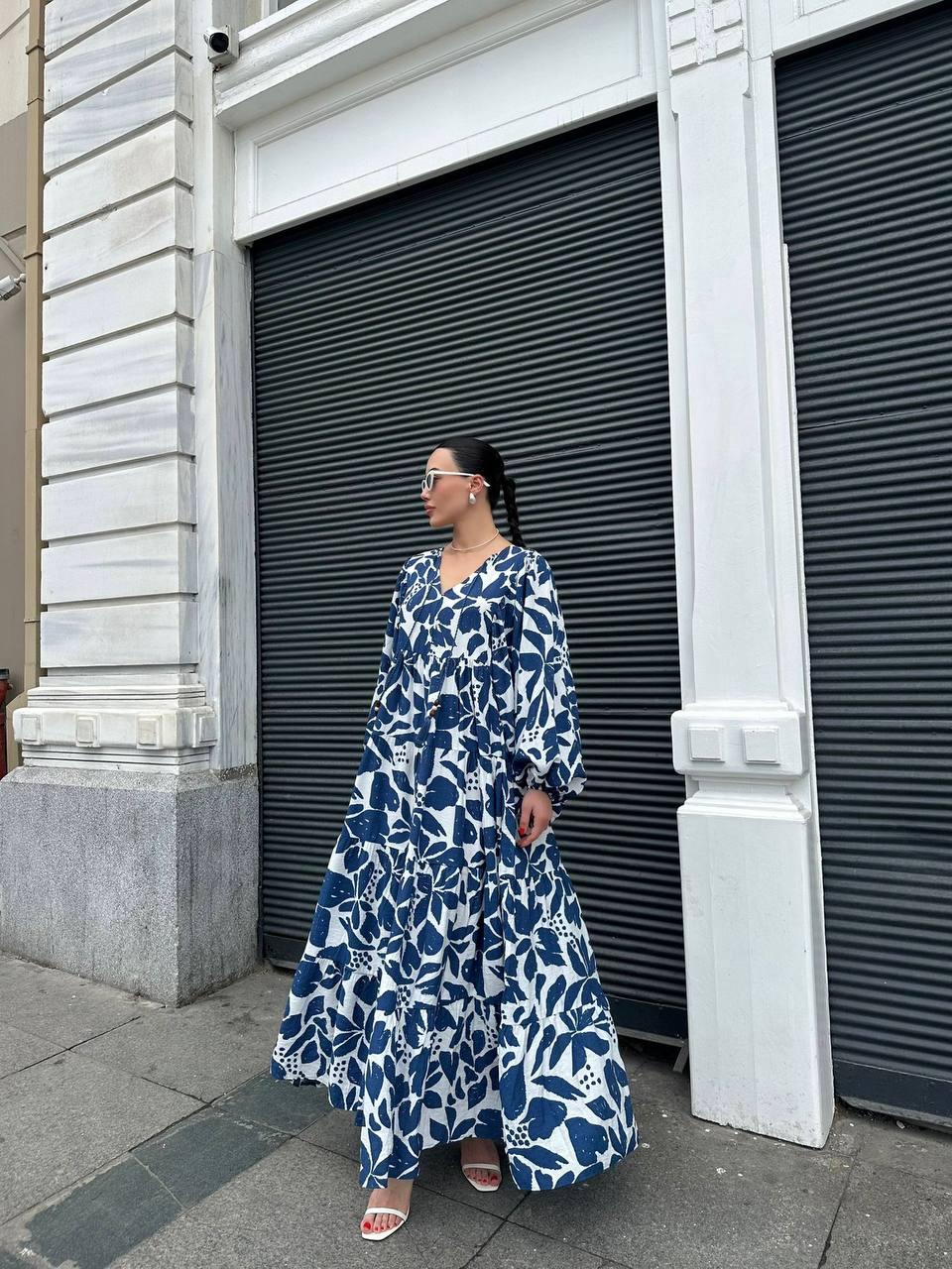 Elegant Blue-White Floral Print Maxi Dress